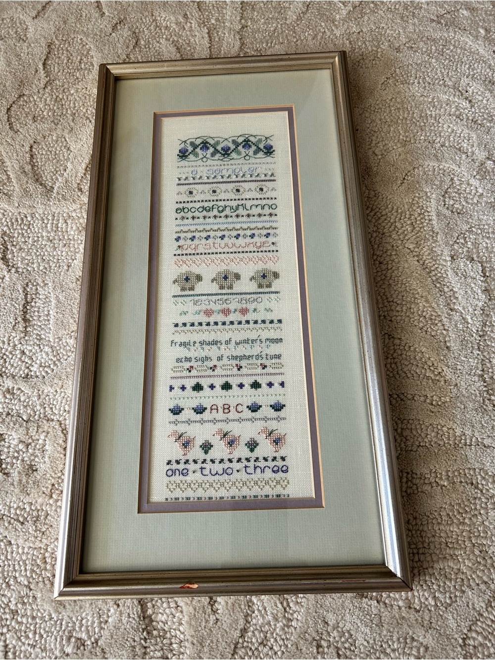 Vintage Handmade Fiber Art Sampler Shepards Sheep Poem Folk Art Framed 9.5 x 19